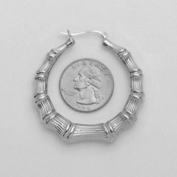 Stunning Graduated Diamond-Cut Bamboo Hoop Earrings 925 Sterling Silver - Picture 13 of 14